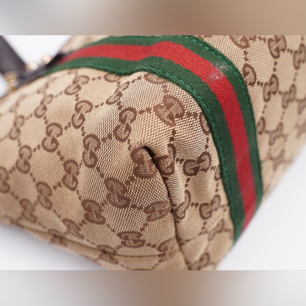 Gucci Beige GG Canvas Tote with Green and Red Web Stripe and Brown Trim - Picture 6 of 16